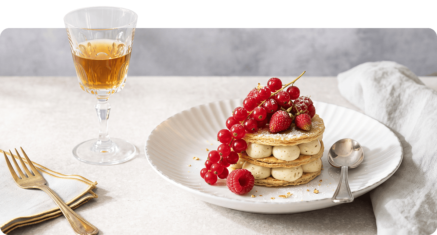 Glas dessertwijn met zoet dessert en rode besjes