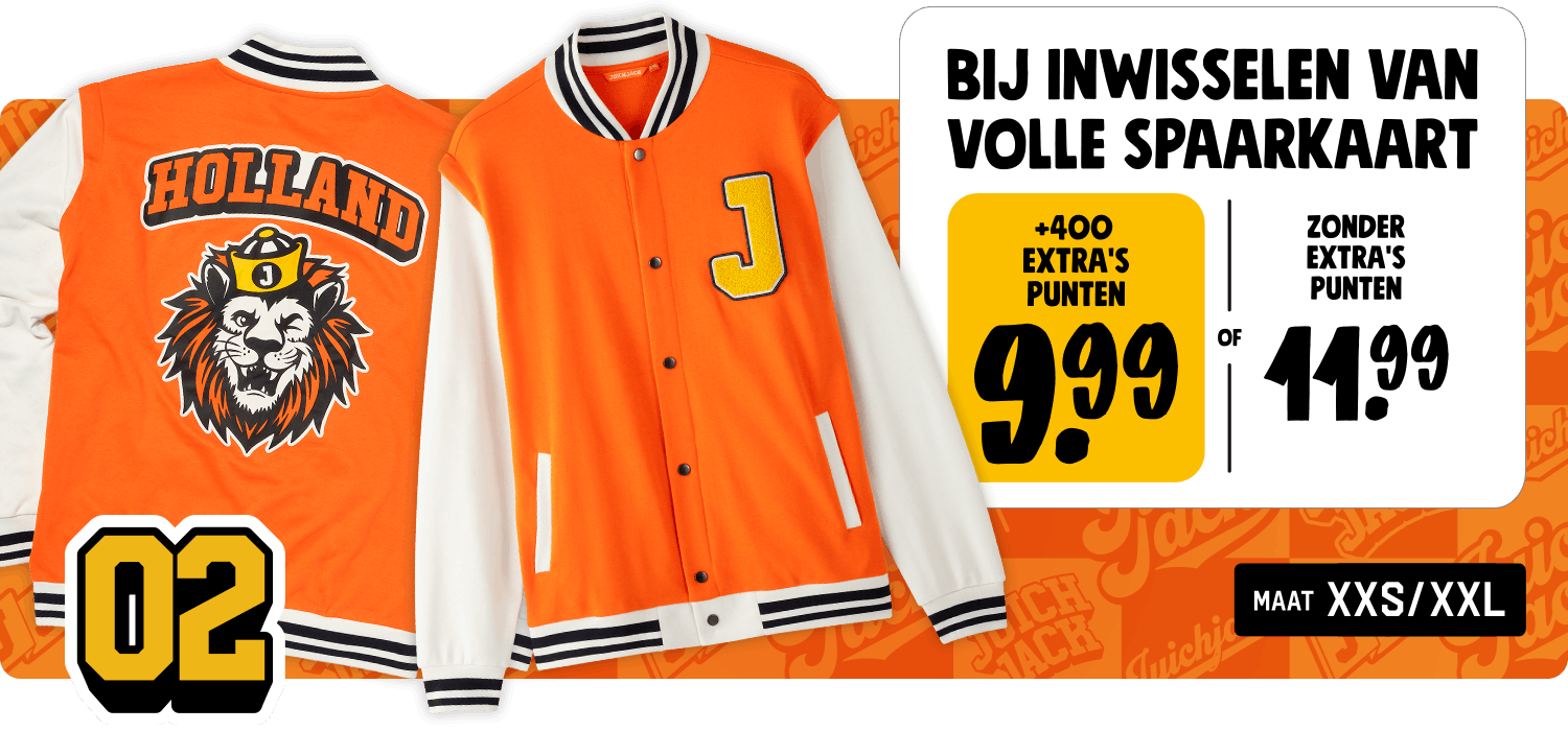 het juichjack is er in maat XXS t/m XXl en is 9,99 euro bij inlevering van 400 Extra's punten of 11,99 zonder Extra's punten