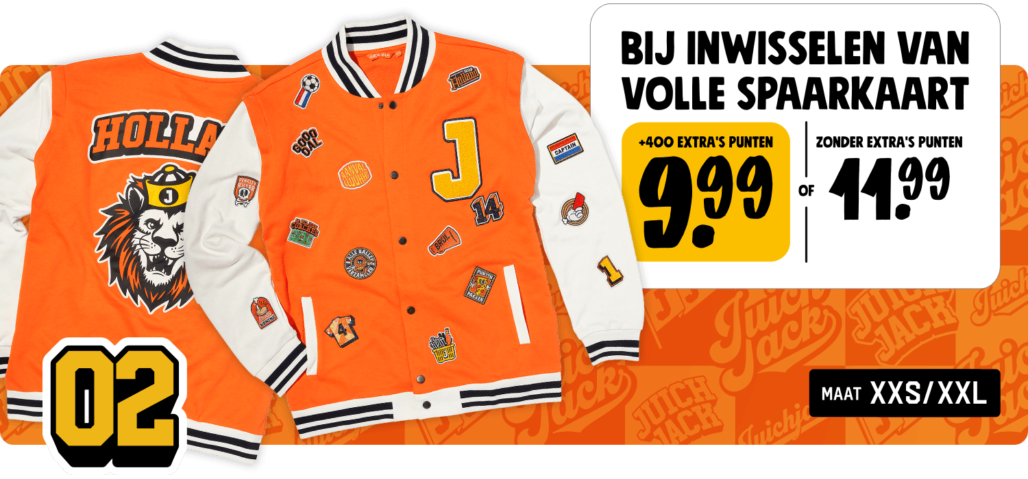 het juichjack is er in maat XXS t/m XXl en is 9,99 euro bij inlevering van 400 Extra's punten of 11,99 zonder Extra's punten