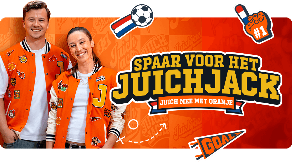 Afbeelding van Russo en Suzanne Schulting met het Juichjack aan, en de tekst: spaar voor het Juichjack, juich mee met Oranje