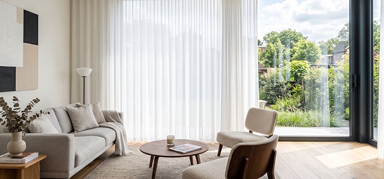 Frisse glasgordijnen in heldere woonkamer